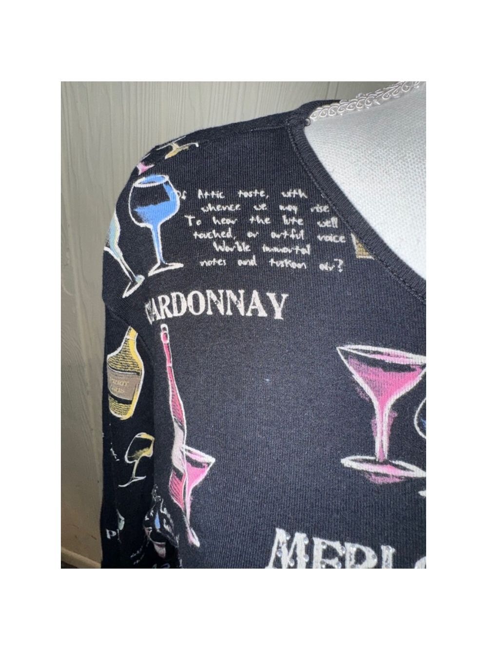 Jess & Jane Black Wine Print Long Sleeve Shirt Large - Picture 7 of 16